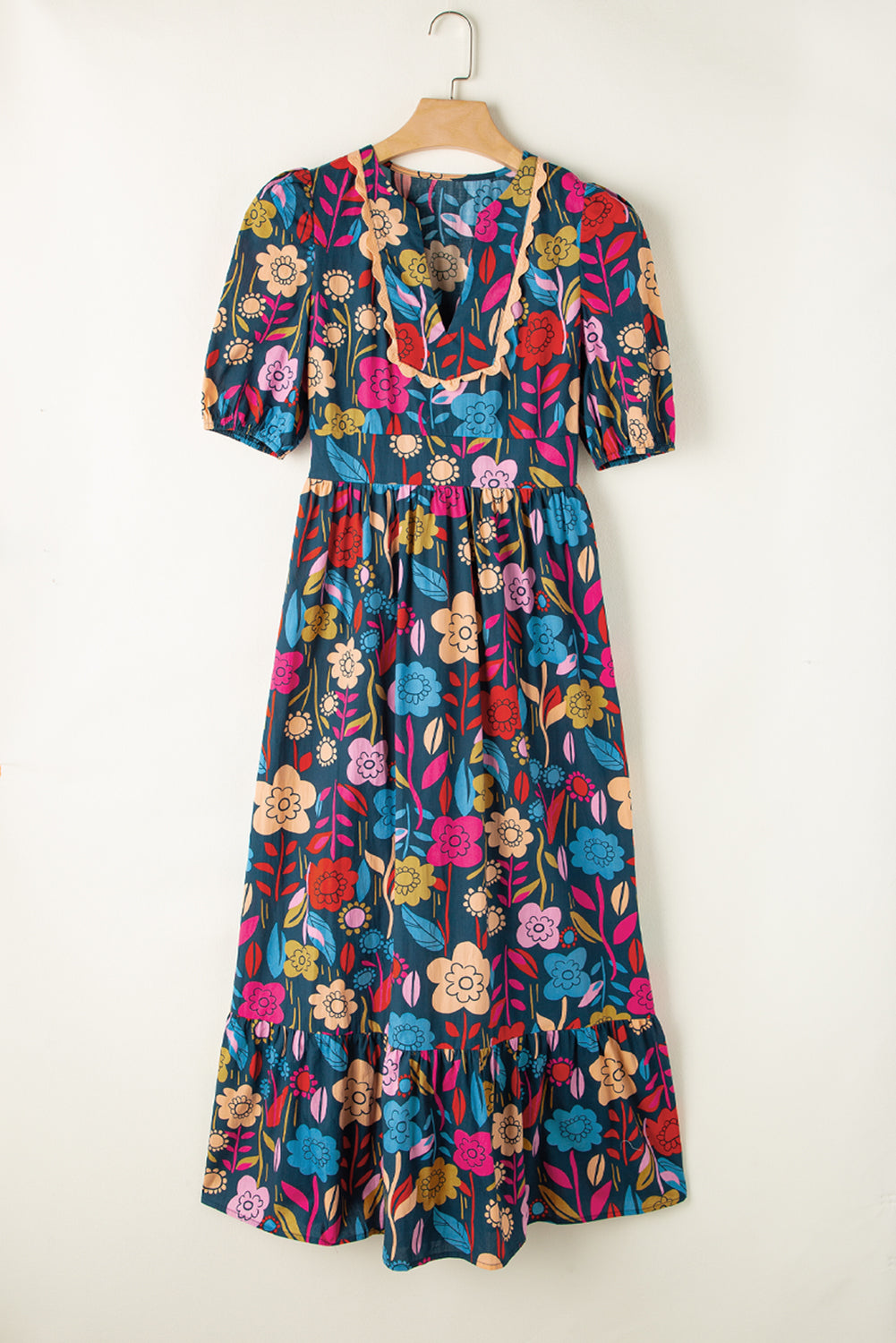 STUNNLY  Printed Notched Puff Sleeve Midi Dress   