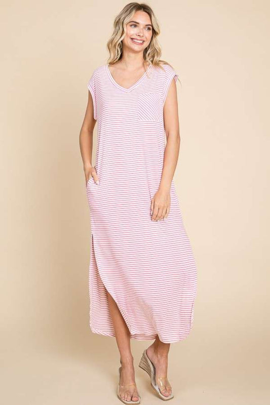 STUNNLY  Culture Code Full Size Striped V-Neck Slit Dress with Pockets Pink S 