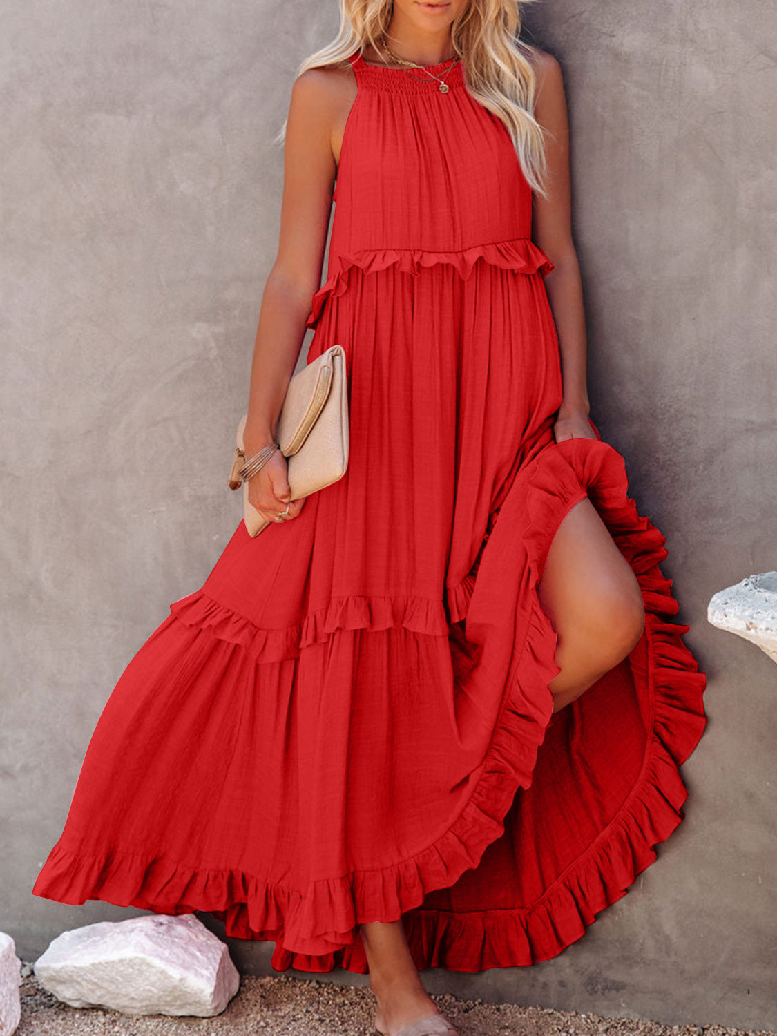 STUNNLY  Ruffled Sleeveless Maxi Dress with Pockets Red XL 