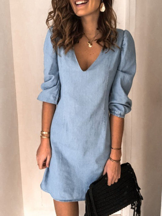 STUNNLY  Full Size V-Neck Half Sleeve Denim Dress Misty  Blue S 