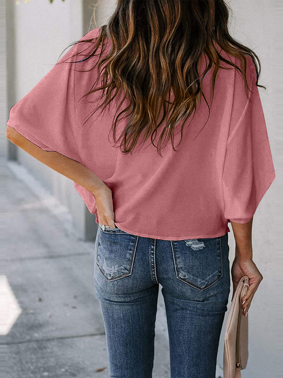 STUNNLY  Full Size Cowl Neck Three-Quarter Sleeve Blouse Burnt Coral S 