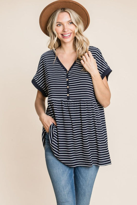 Cotton Bleu by Nu Label Striped Button Front Baby Doll Top Stripe S 