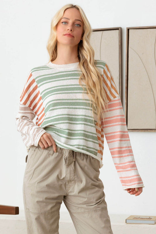 STUNNLY  Tasha Apparel Color Block Stripe Long Sleeve Relaxed Knit Top Sage S 