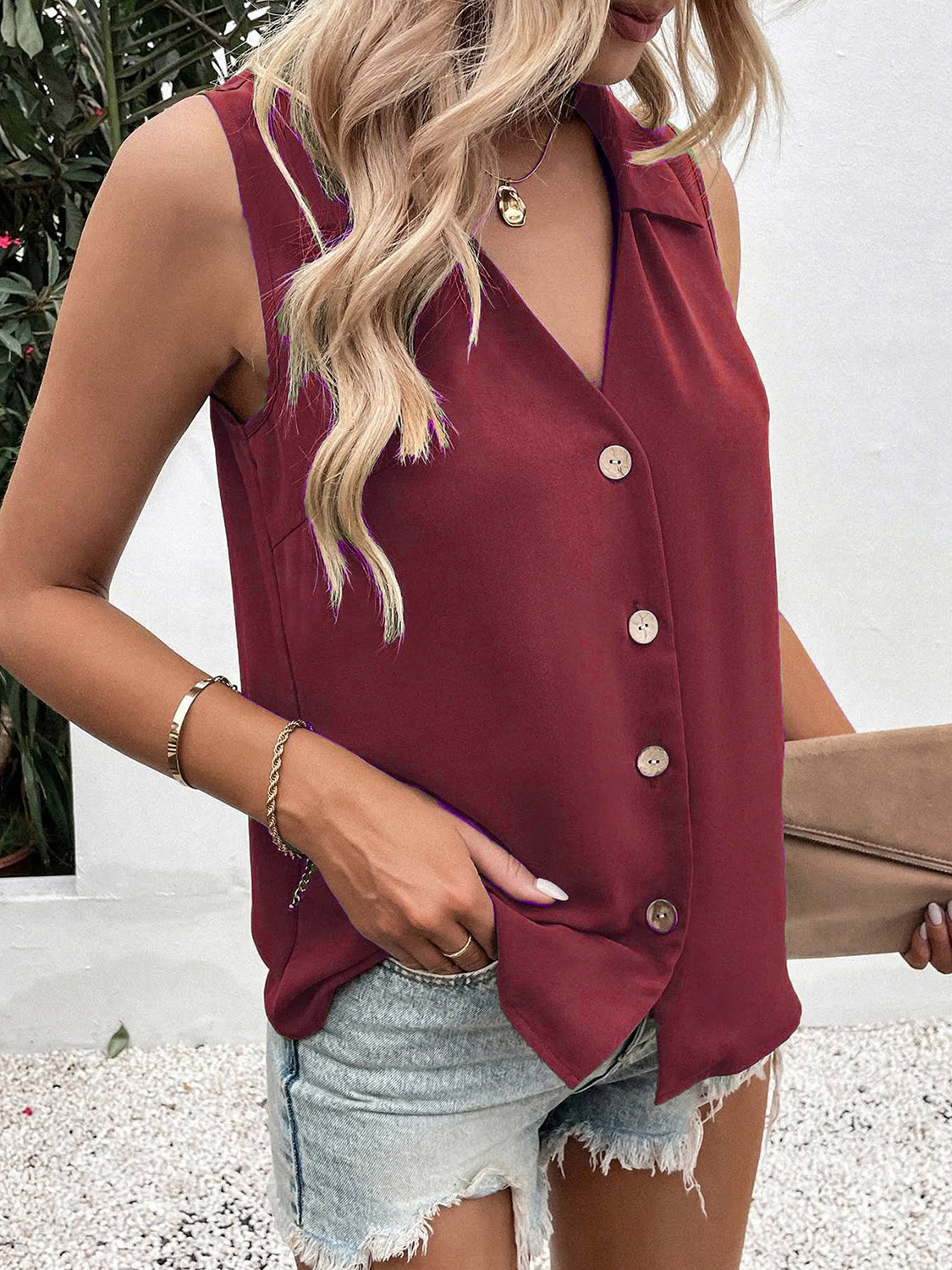Full Size Johnny Collar Button Up Tank Wine S 
