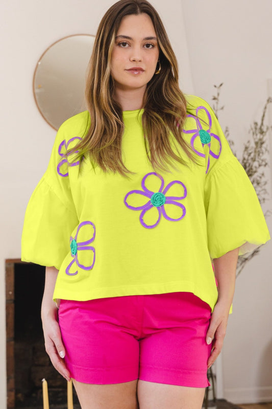STUNNLY  ODDI Full Size Flower Embroidery Detail T-Shirt Limelight S 
