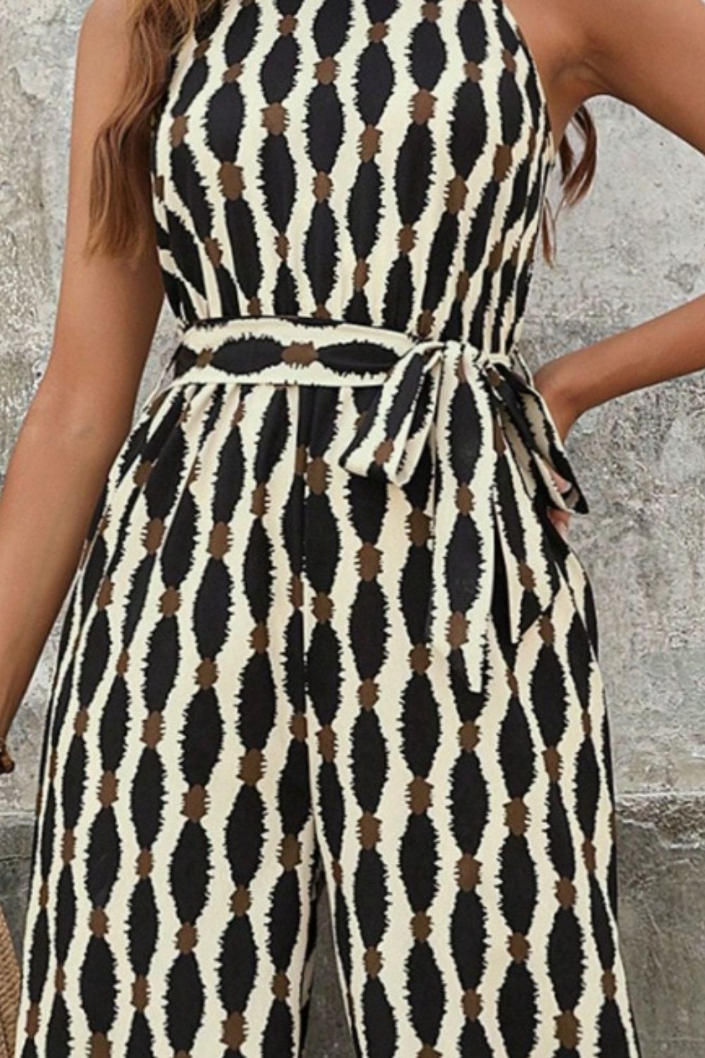 STUNNLY  Tied Printed Grecian Neck Jumpsuit   