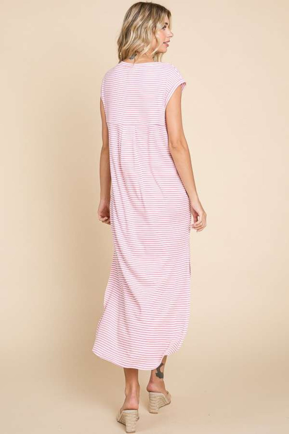 STUNNLY  Culture Code Full Size Striped V-Neck Slit Dress with Pockets   