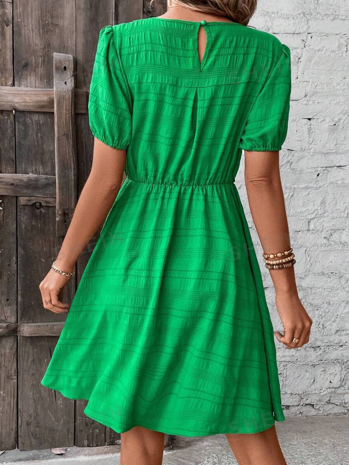 STUNNLY  Ruched Round Neck Short Sleeve Mini Dress   