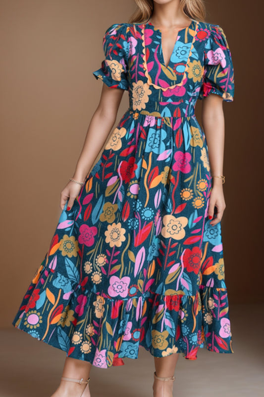 STUNNLY  Printed Notched Puff Sleeve Midi Dress Multicolor S 