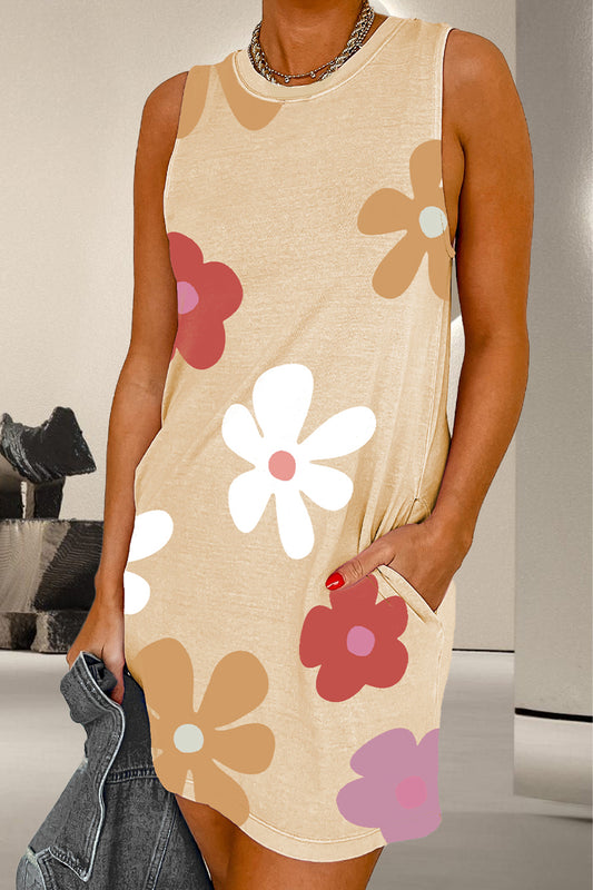 STUNNLY  Pocketed Printed Round Neck Tank Dress Sand S 