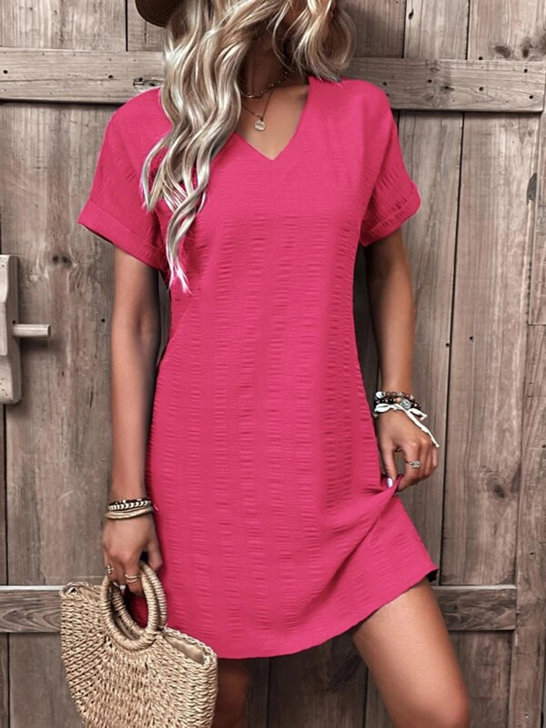 STUNNLY  Full Size V-Neck Short Sleeve Mini Dress Hot Pink S 