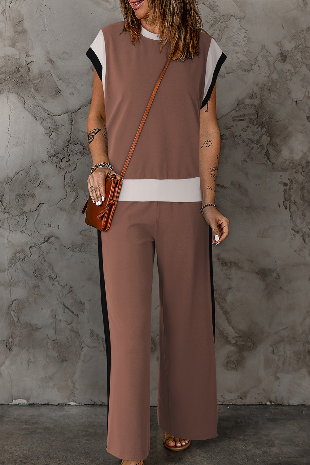 STUNNLY  Contrast Round Neck Top and Pants Set Chestnut S 