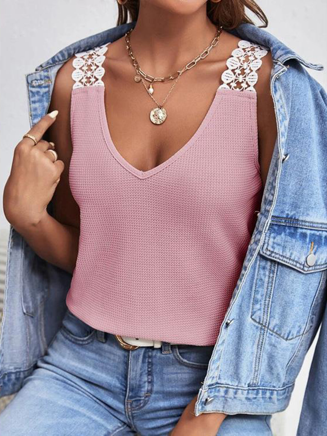 Full Size Lace Detail V-Neck Tank Dusty Pink S 