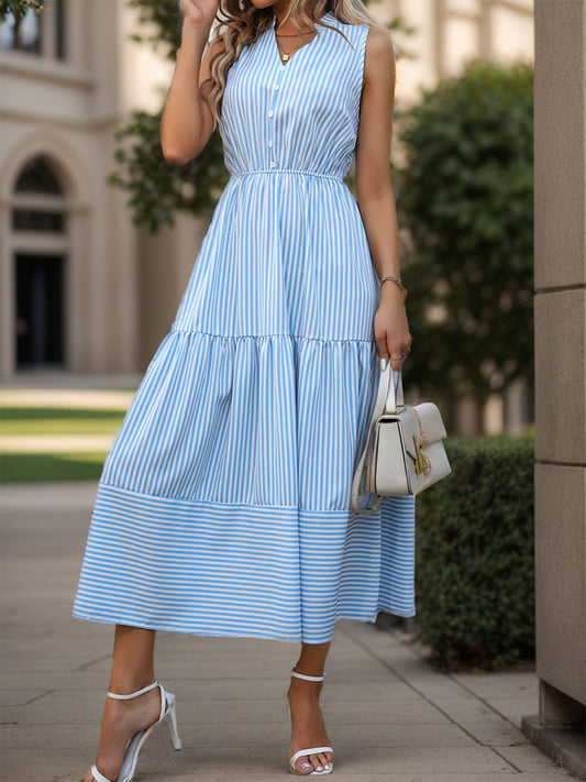 STUNNLY  Striped Notched Sleeveless Midi Dress Blue S 