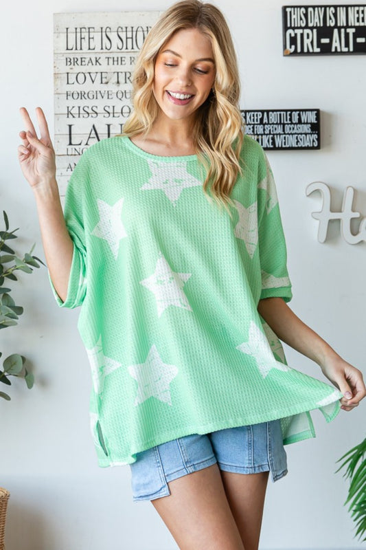 HOPELY Star Pattern Oversized Waffle T-Shirt Light Green S 