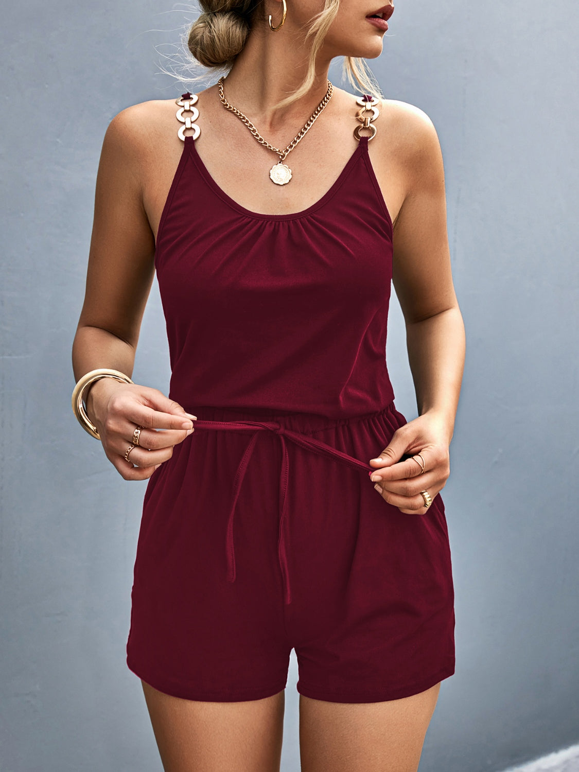 STUNNLY  Scoop Neck Romper with Pockets   