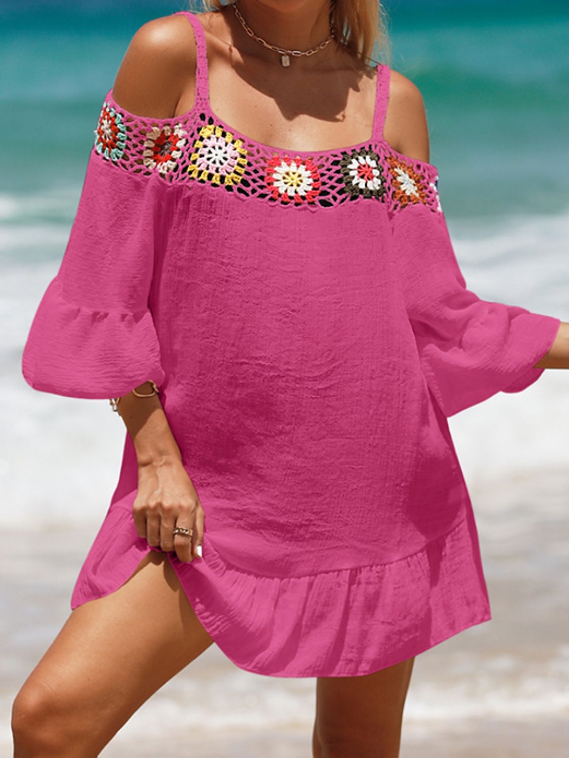 Crochet Cold Shoulder Three-Quarter Sleeve Cover Up Hot Pink One Size 