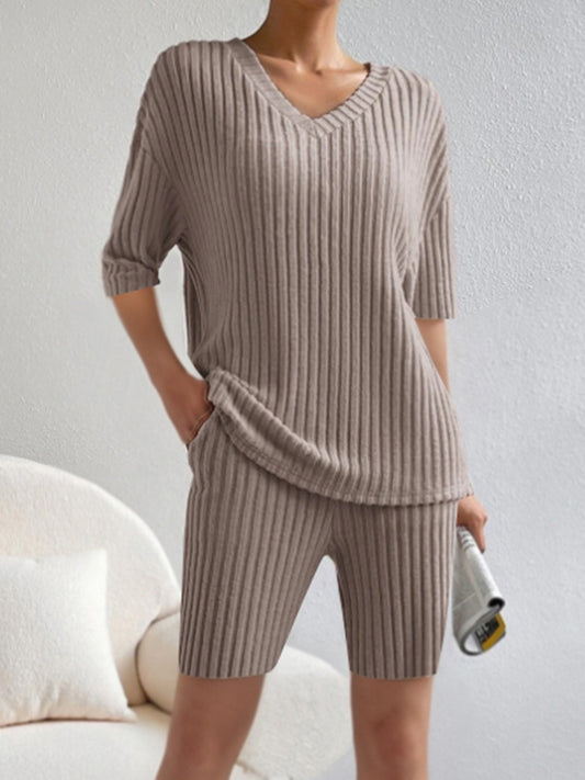 STUNNLY  Ribbed V-Neck Top and Shorts Set Taupe S 