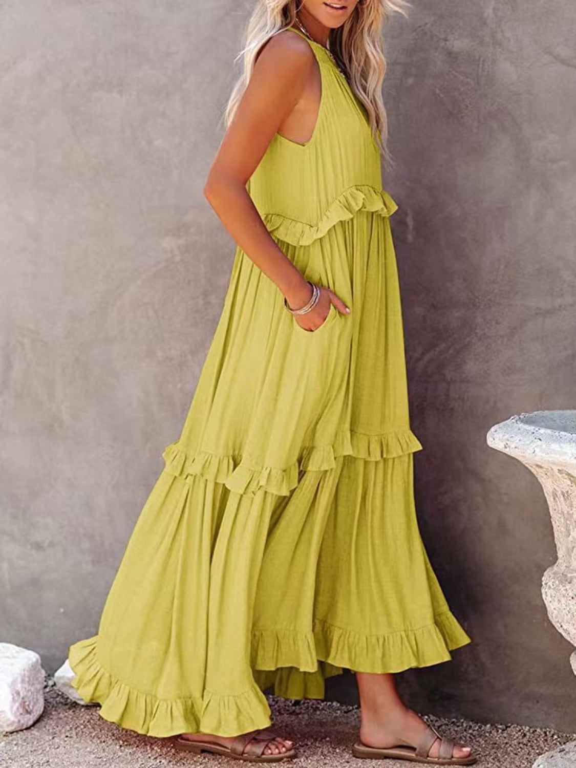 STUNNLY  Ruffled Sleeveless Maxi Dress with Pockets Chartreuse S 
