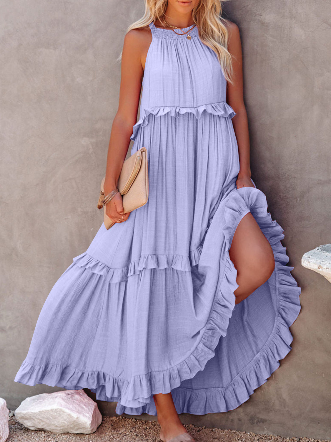 STUNNLY  Ruffled Sleeveless Maxi Dress with Pockets Lilac S 