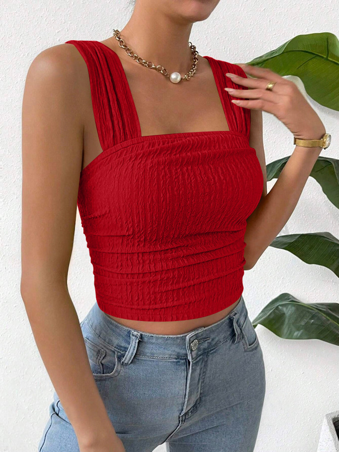 Textured Square Neck Wide Strap Tank Scarlet S 
