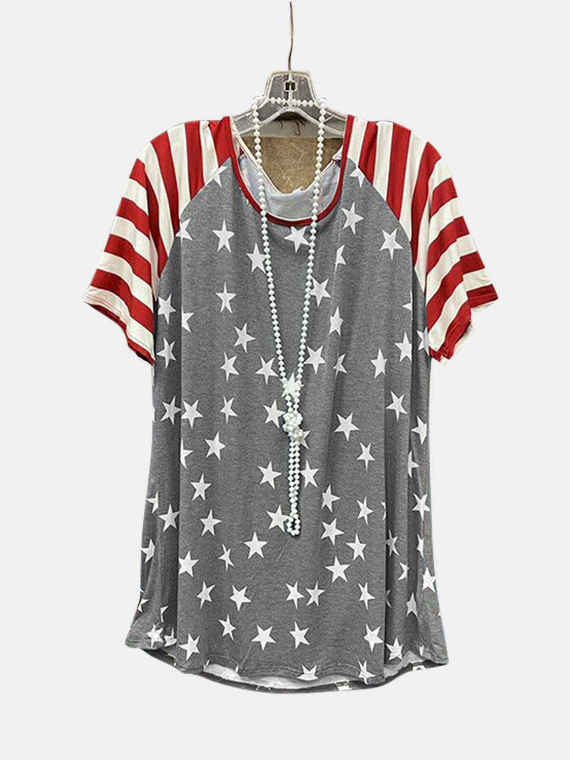 STUNNLY  Full Size Star Striped Round Neck Short Sleeve T-Shirt Heather Gray S 