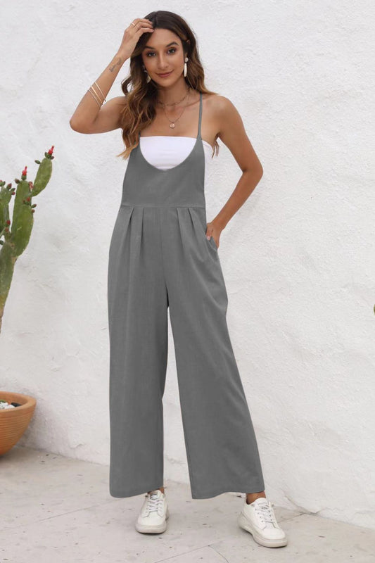STUNNLY  Tie Back Sleeveless Wide Leg Jumpsuit Charcoal S 