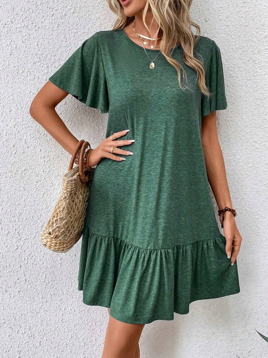 STUNNLY  Round Neck Short Sleeve Tee Dress Army Green S 