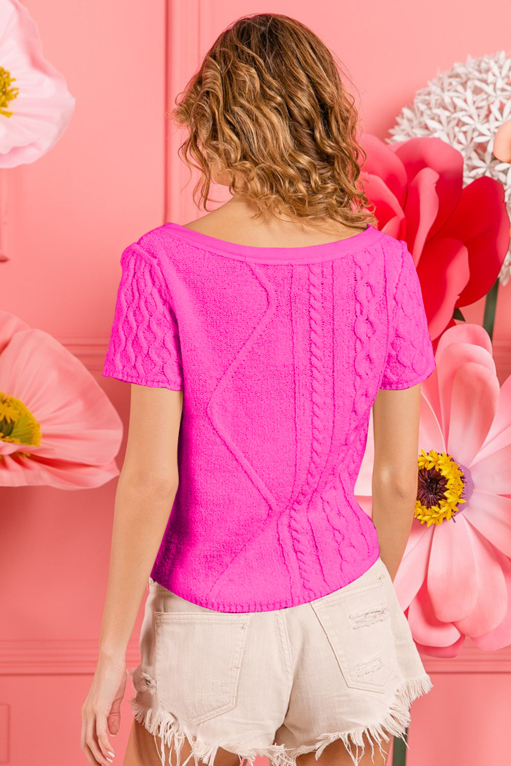 STUNNLY  BiBi Cable Knit Short Sleeve Sweater   