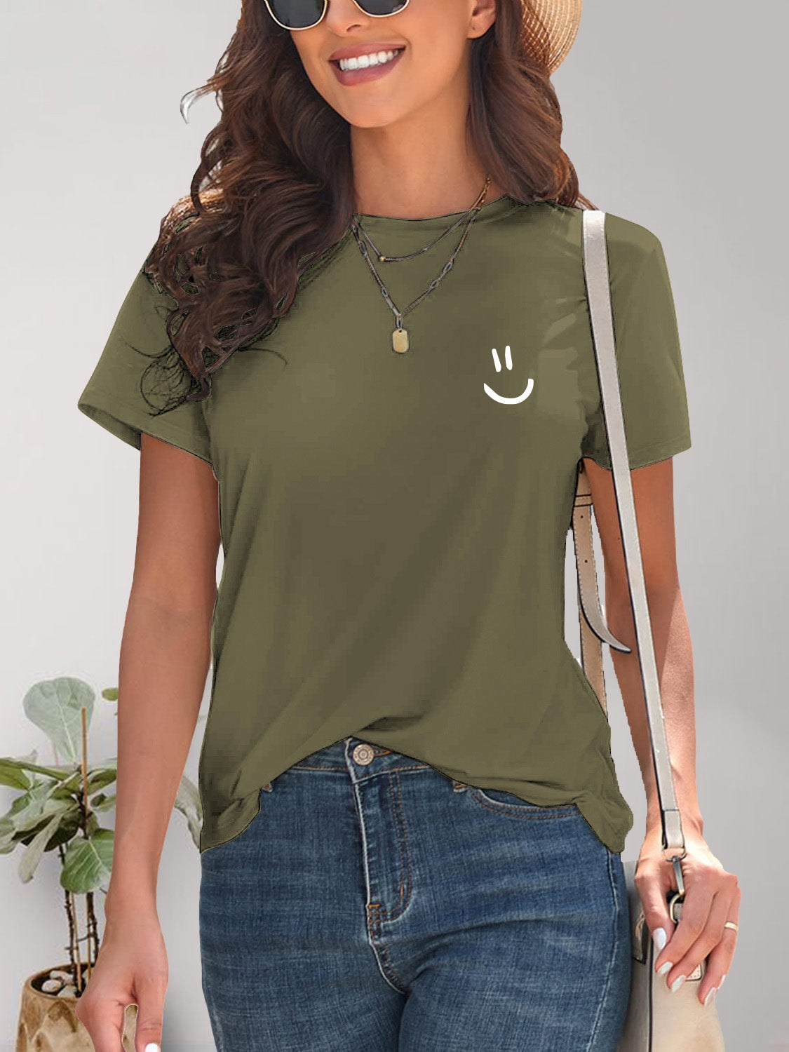 Smile Graphic Round Neck Short Sleeve T-Shirt Moss S 