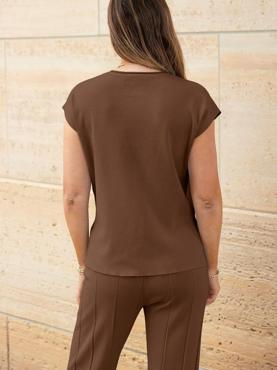 STUNNLY  Round Neck Cap Sleeve Top and Pants Knit Set Chestnut S 