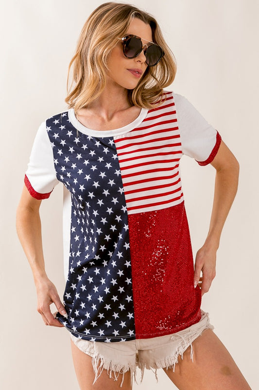 BiBi Star & Stripes Round Neck Short Sleeve T-Shirt Offwht/Navy/Red S 