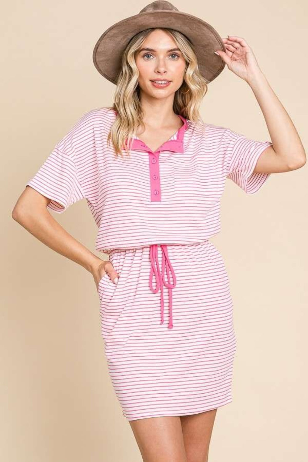 STUNNLY  Culture Code Full Size Striped Short Sleeve Mini Dress with Pockets   