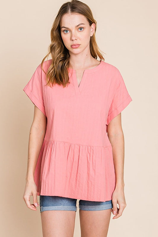 Cotton Bleu by Nu Label Notched Short Sleeve Peplum Top Coral S 