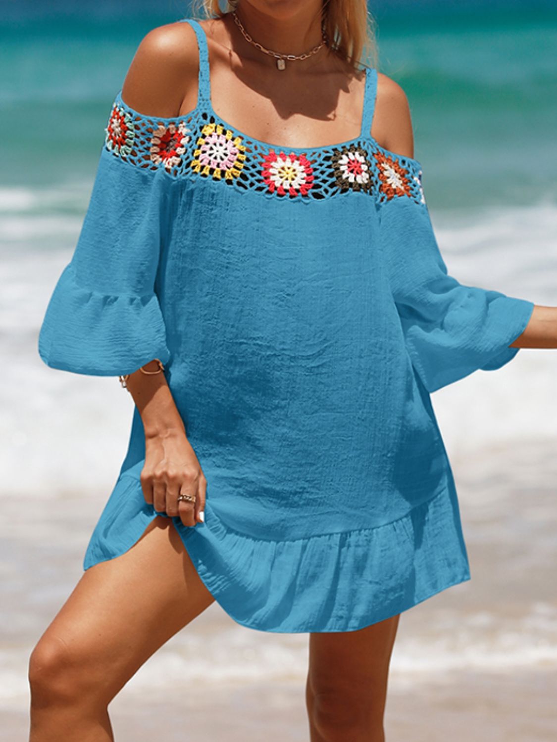 Crochet Cold Shoulder Three-Quarter Sleeve Cover Up Sky Blue One Size 