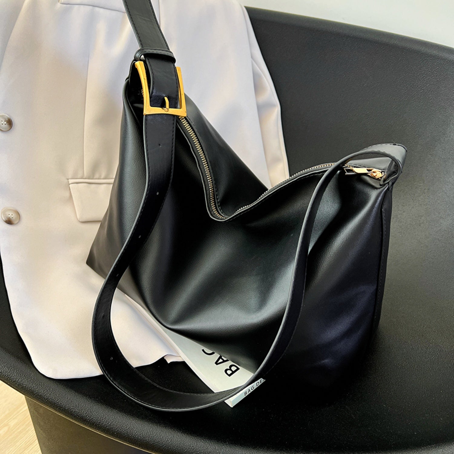 Adjustable Strap PU Leather Handbag Black One Size 