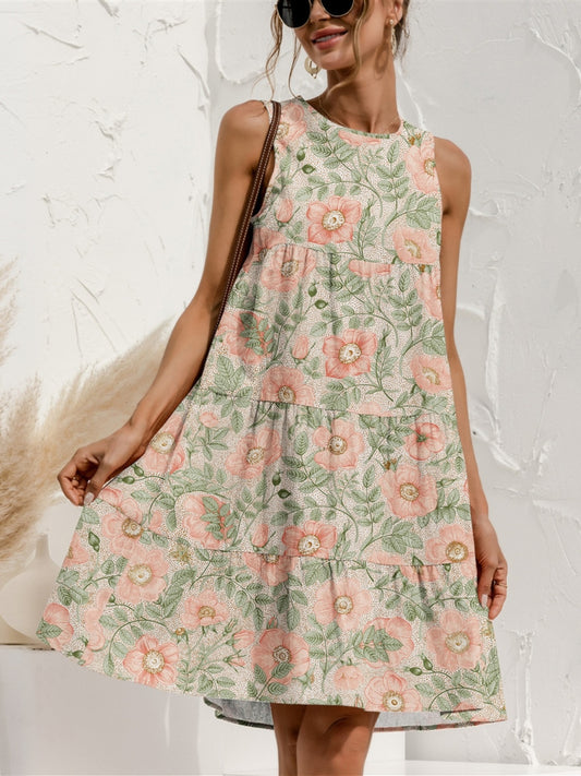 STUNNLY  Tiered Printed Round Neck Sleeveless Dress Peach S 