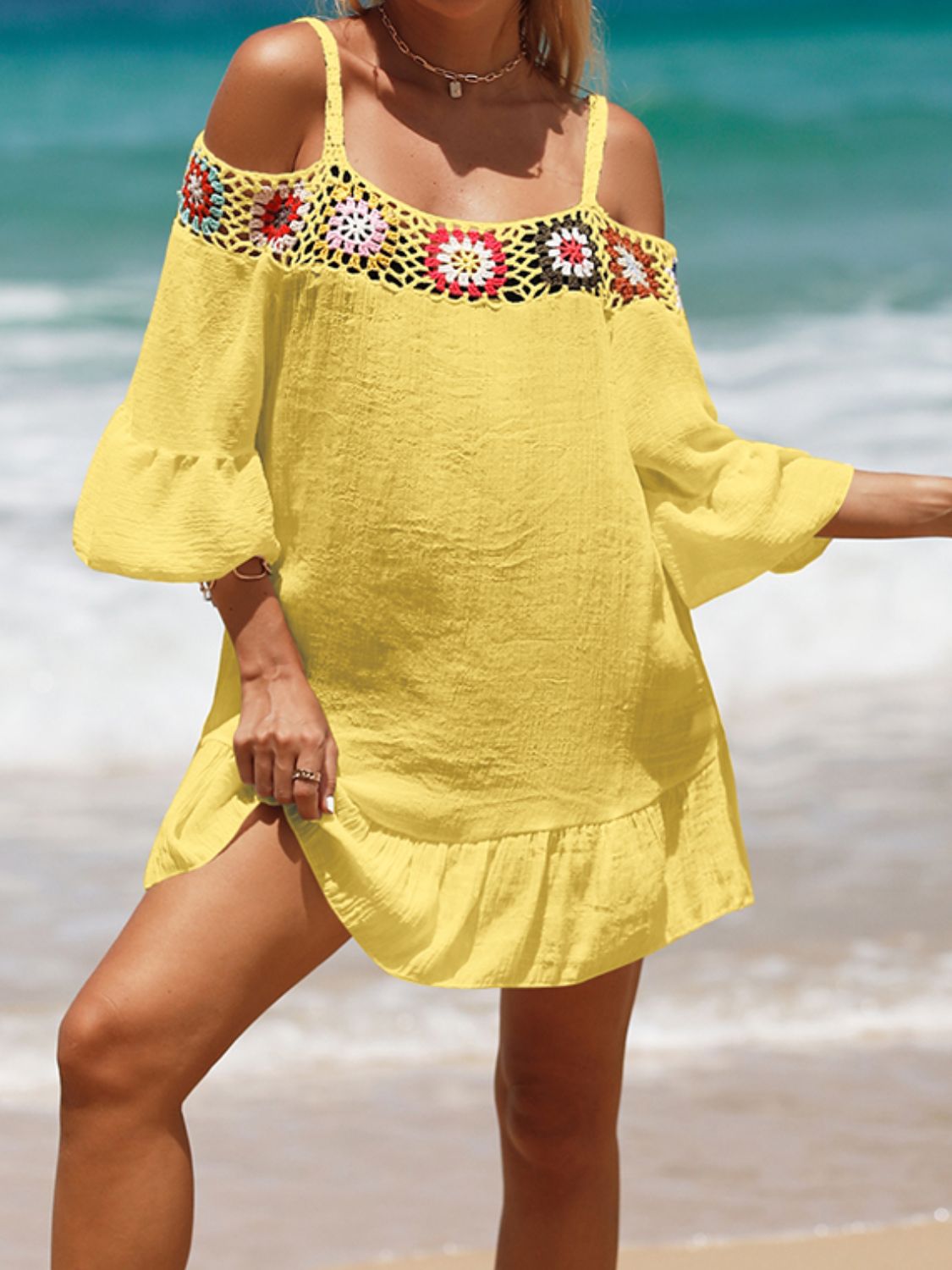 Crochet Cold Shoulder Three-Quarter Sleeve Cover Up True Yellow One Size 