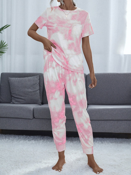 STUNNLY  Tie-Dye Round Neck Short Sleeve Top and Pants Blush Pink S 