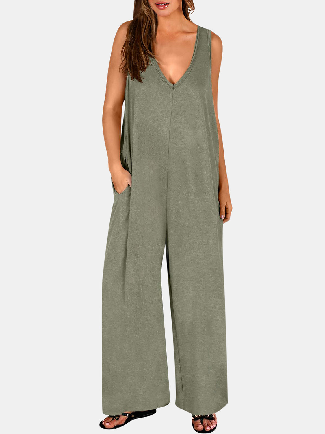 STUNNLY  Full Size V-Neck Wide Strap Jumpsuit Moss S 