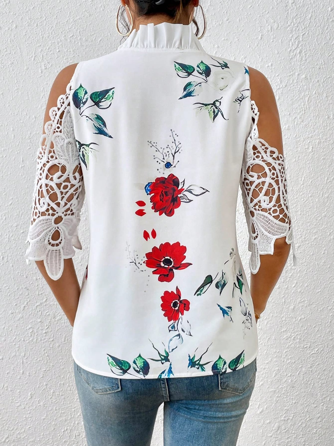 STUNNLY  Full Size Lace Printed Half Sleeve Blouse   