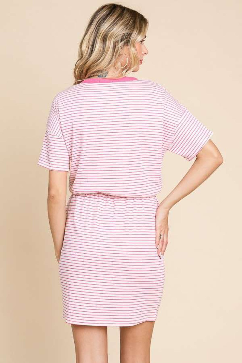 STUNNLY  Culture Code Full Size Striped Short Sleeve Mini Dress with Pockets   