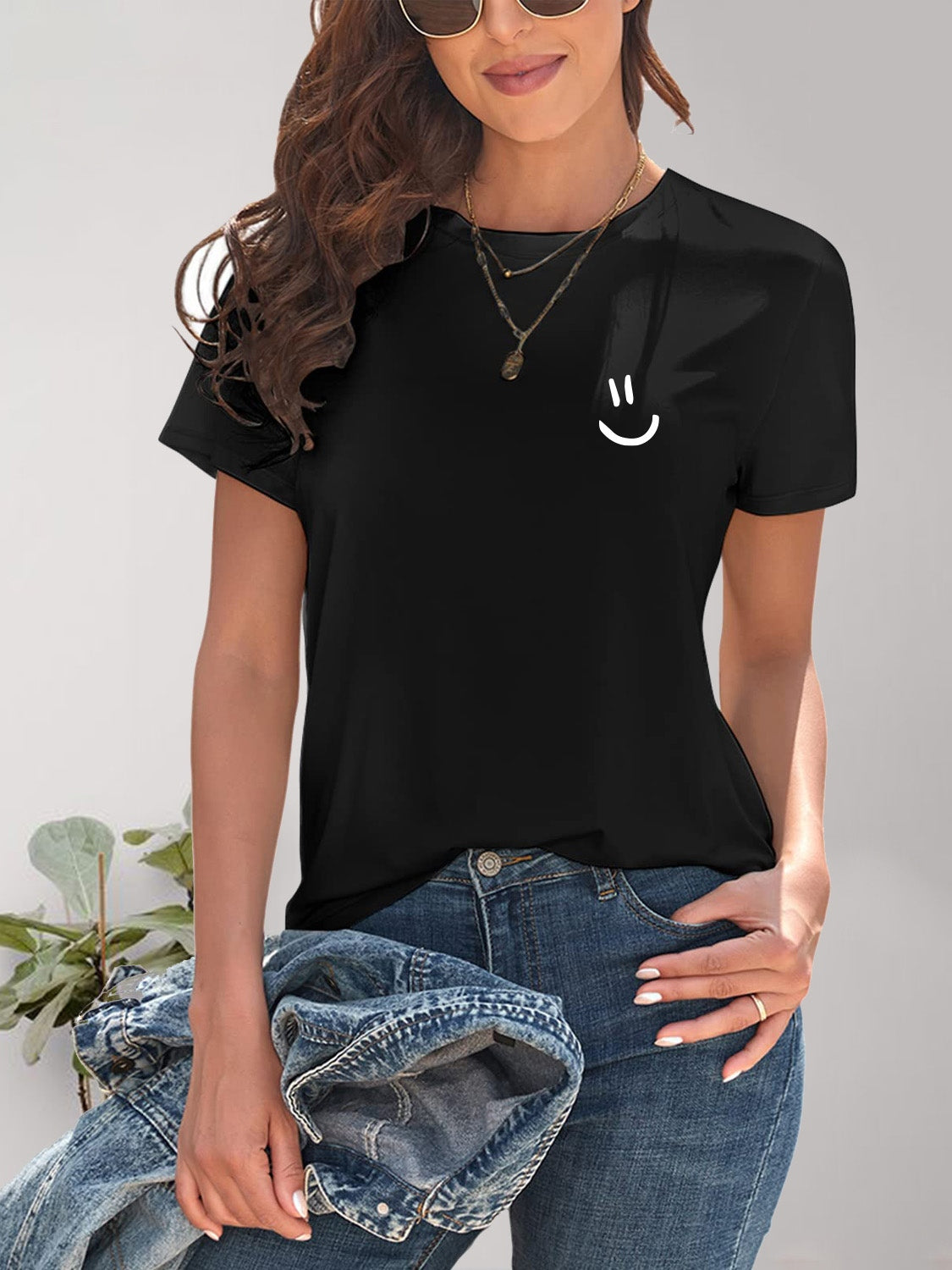 Smile Graphic Round Neck Short Sleeve T-Shirt Black S 