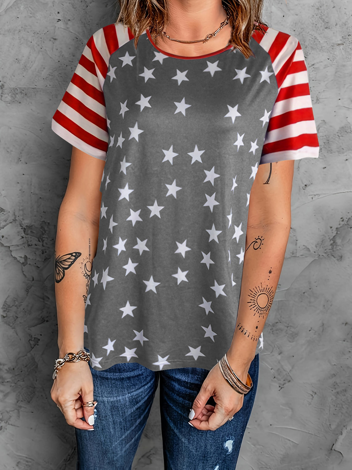 STUNNLY  Full Size Star Striped Round Neck Short Sleeve T-Shirt   