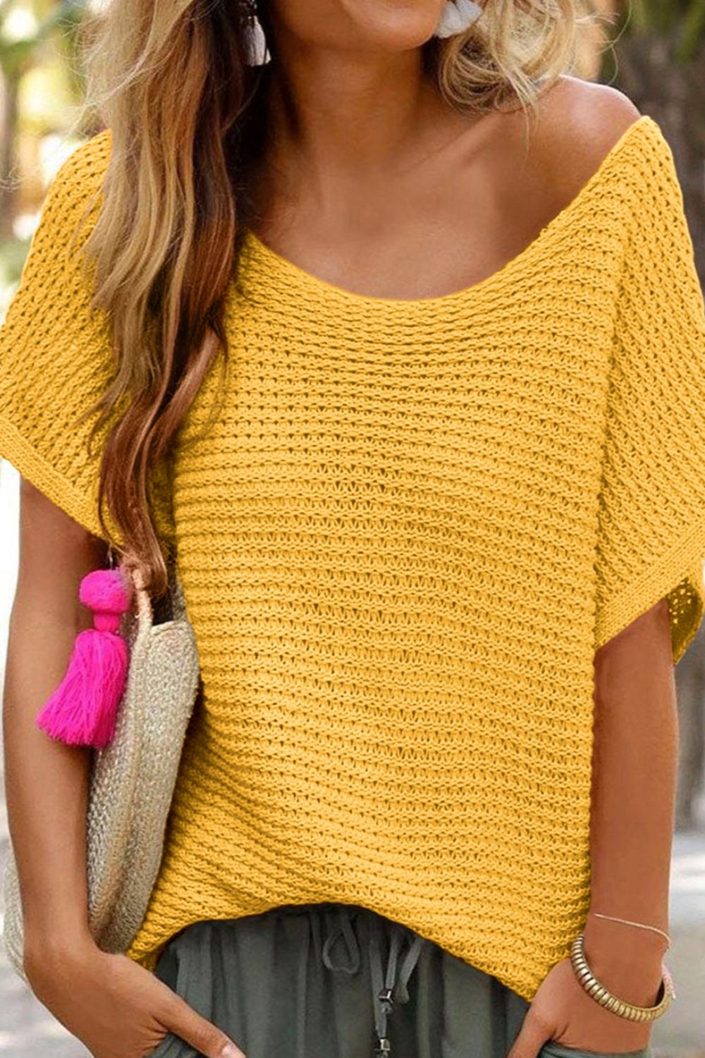 Boat Neck Short Sleeve Sweater Mustard XL 