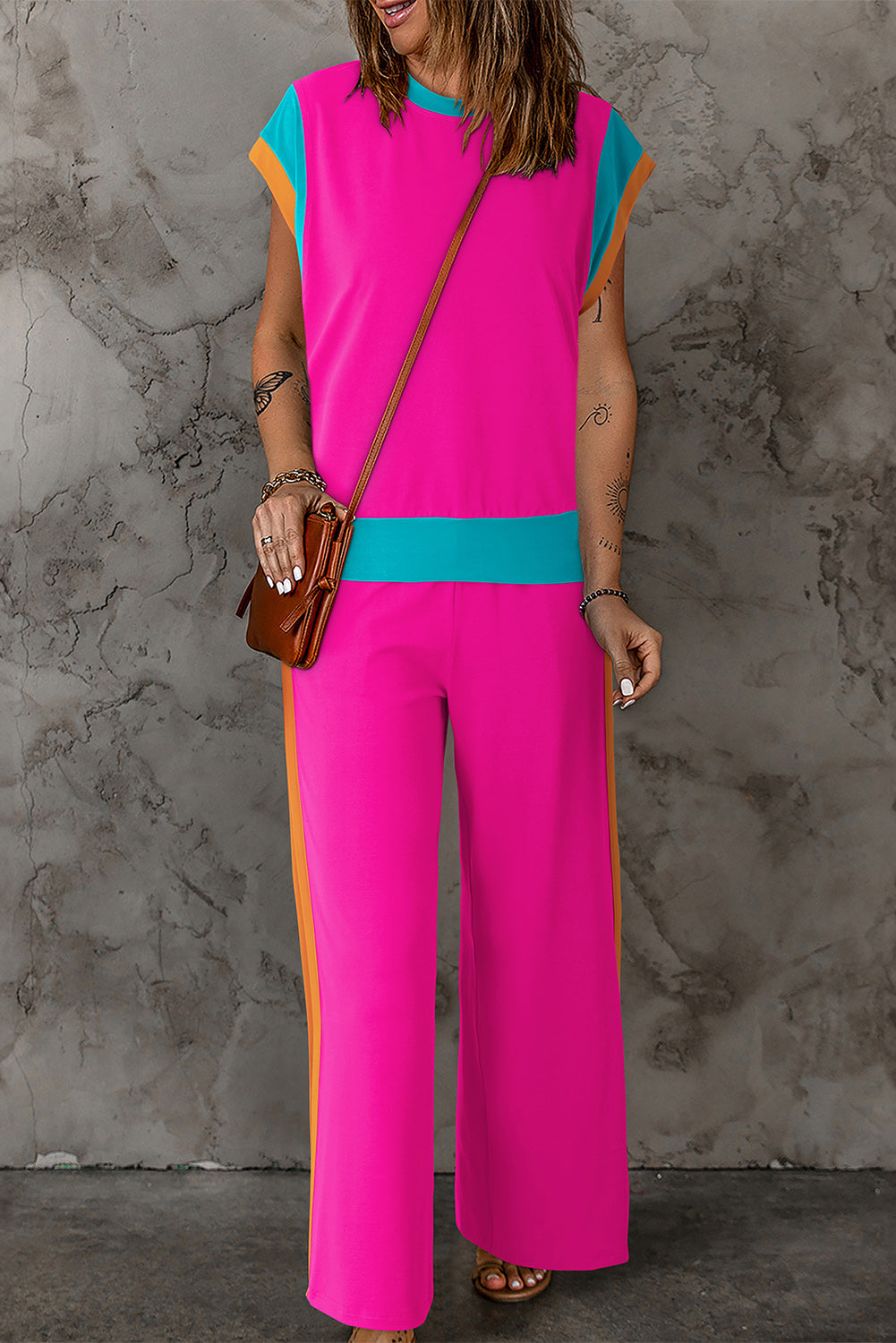 STUNNLY  Contrast Round Neck Top and Pants Set Hot Pink S 