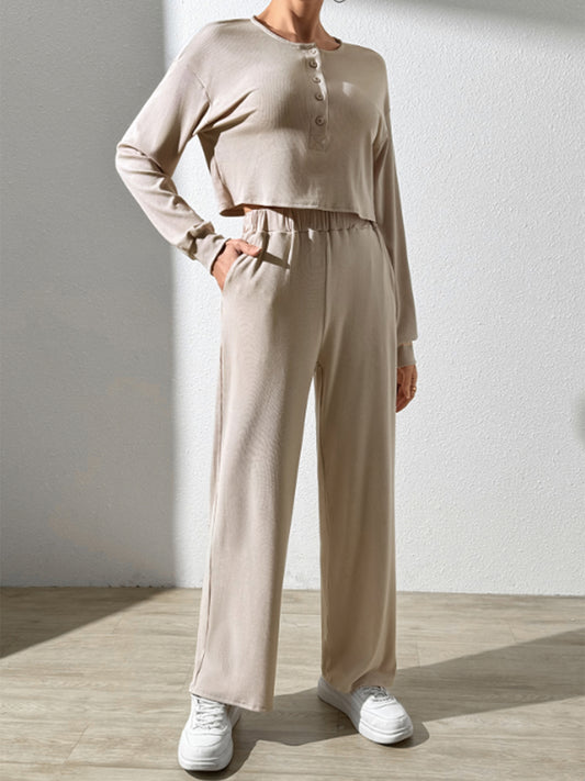 STUNNLY  Half Button Long Sleeve Top and Pants Set Dust Storm S 