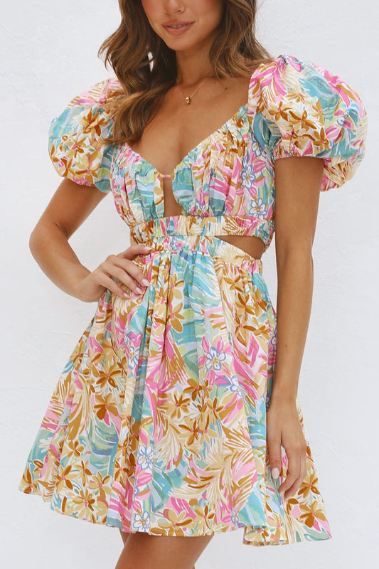 STUNNLY  Backless Floral Short Sleeve Mini Dress Floral S 