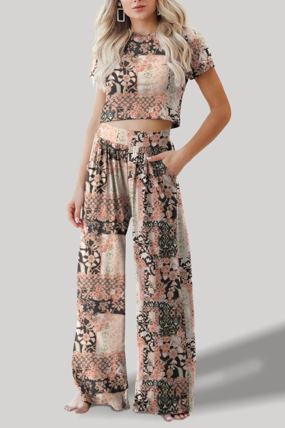 STUNNLY  Printed Round Neck Short Sleeve Top and Pants Set Multicolor S 