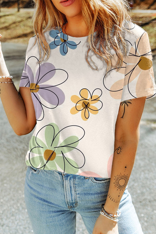 Printed Round Neck Short Sleeve T-Shirt Floral S 
